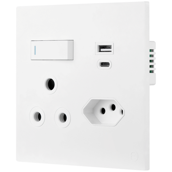 Ellies 2 Way (3 Pin; SANS 164-2) Single Switch Socket 4x4 (100x100mm) - USB + Type C - WT