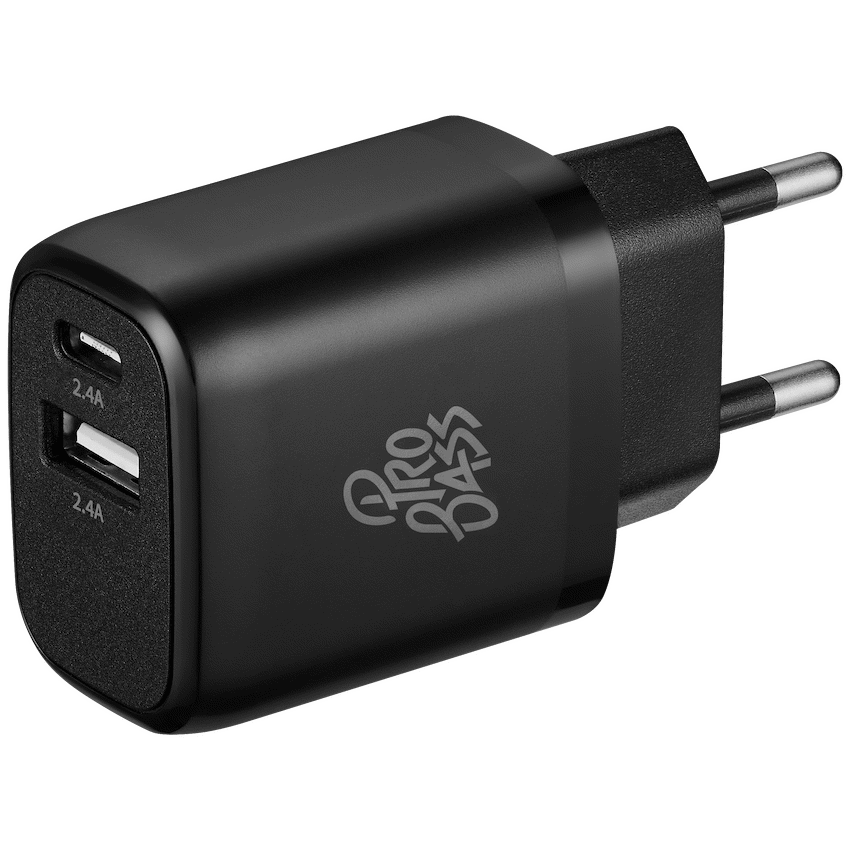Pro Bass PowerCharge Series 12w Dual USB and Type-C Wall Charger - Black