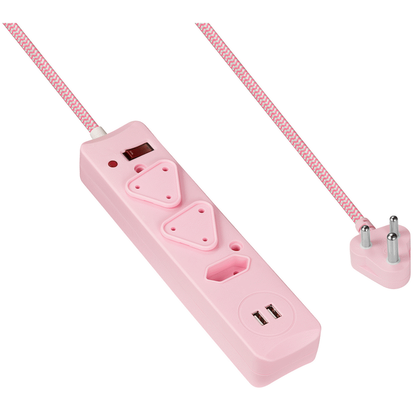 Switched 3-Way Surge-Protected Multiplug with Dual 2.4a USB Ports 3m Braided Cord