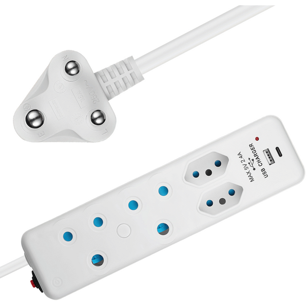 Switched 4-Way Extension Lead with 1x Type-C + 1x USB - 4m
