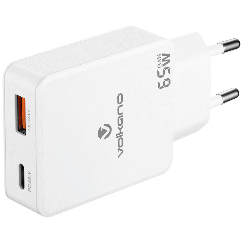 Volkano Potent Duo series 65W Dual USB and USB-C PD Compact Wall Charger