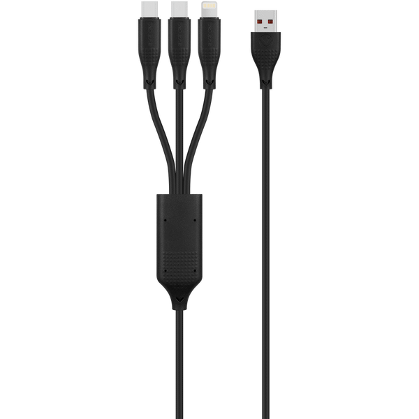 Volkano Nova Series USB-A to 2 USB-C and Lightning Cable 100W 1.2m TPE - Black