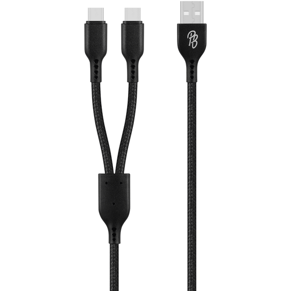Pro Bass Cord Series 1.2m 15w USB-A to 2x USB-C Braided - Black