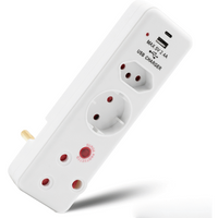 Ellies 3 Way Surge adaptor Schuko,with type C + USB - WT