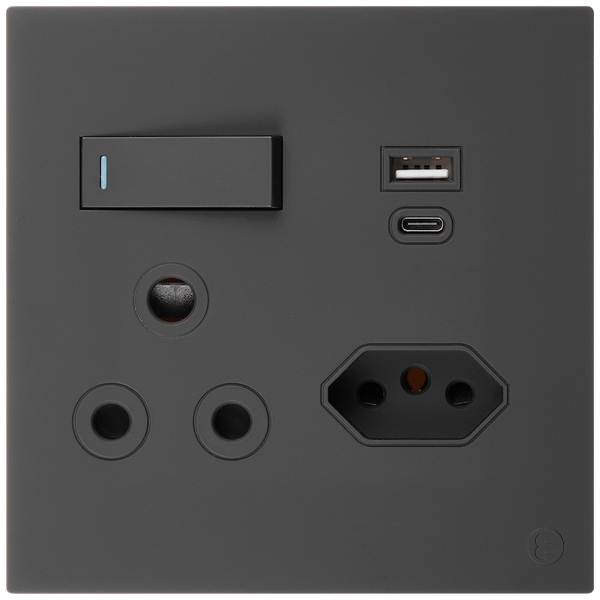 Ellies 2 Way (3 Pin; SANS 164-2) Single Switch Socket 4x4 (100x100mm) - USB + Type C - BK