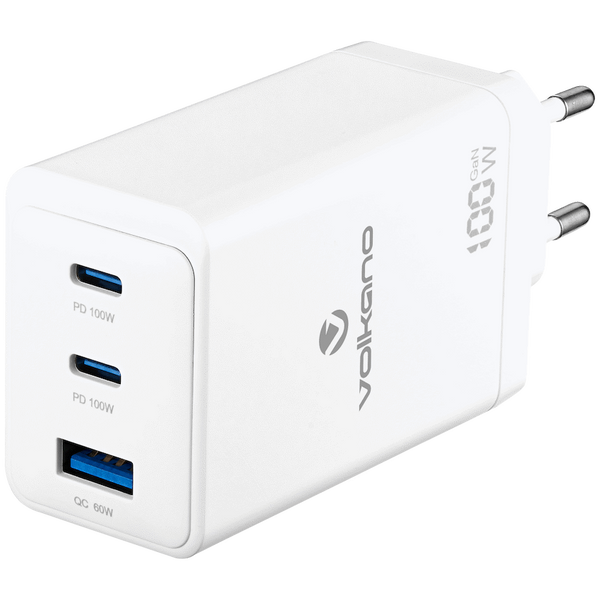 Volkano WattPro Series Triple Port 100W GaN Wall Charger - White