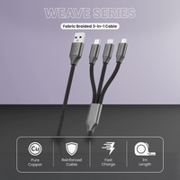 Volkano Weave Series Fabric Braided 3-in-1 (Type-C/Lightning/Micro) Cable 1m - Black