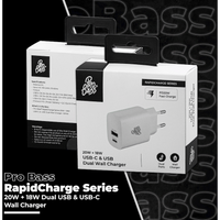 Pro Bass Rapidcharge Series 20w+18w Dual USB and Type-C Wall Charger - White