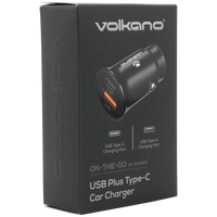 Volkano On-The-Go USB + Type-C 12w Car Charger - Black